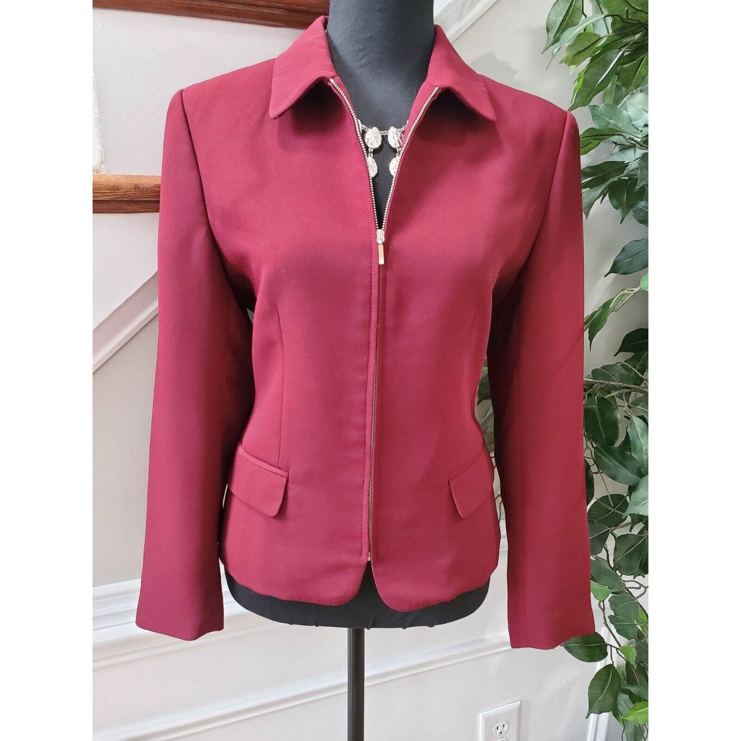 Style& Co. Women's Maroon Polyester Long Sleeve Full Zip Jacket Blazer Size 10P