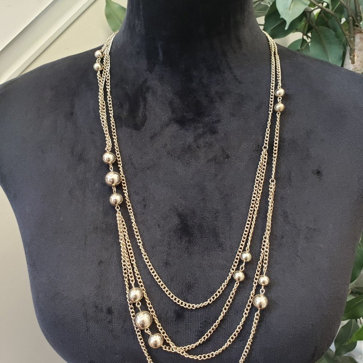 Women's Fashion Multi Strand Gold Tone Ball Chain Long Necklace with Lobster