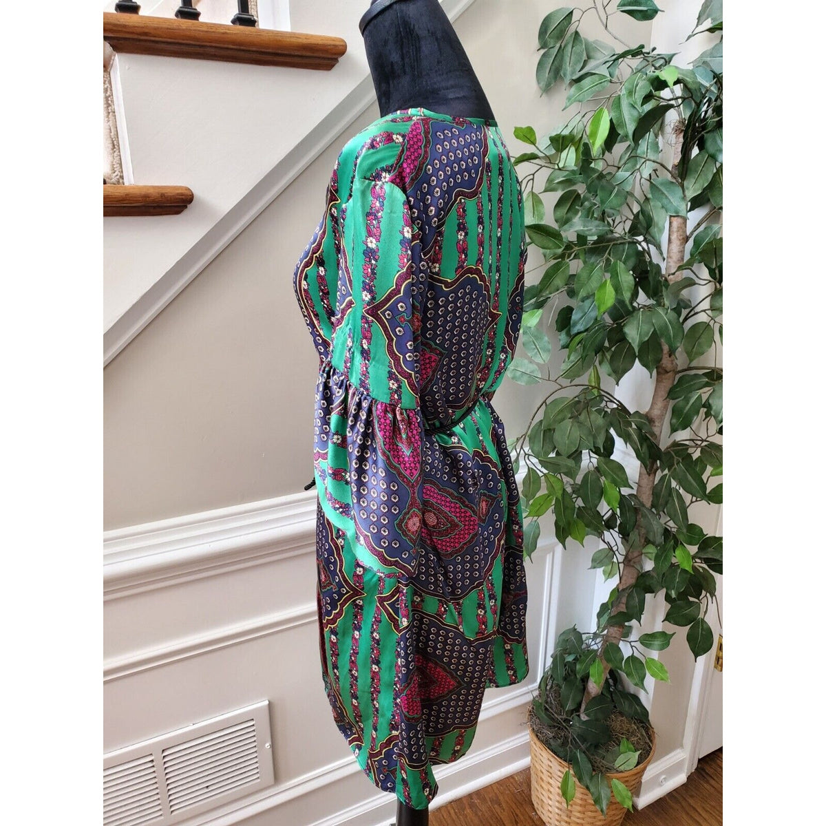 Single Dress Multicolor 100% Silk Long Sleeve Cord Waist Tie Knee Length Dress S