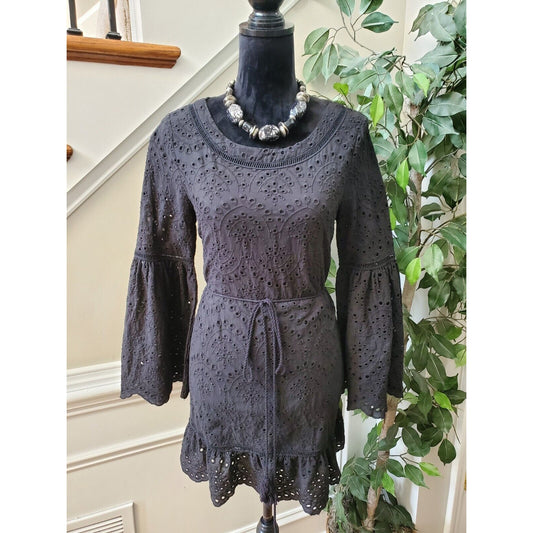 Cupcakes And Cashmere Ruben Eyelet Black Round Neck Long Sleeve Knee Length S