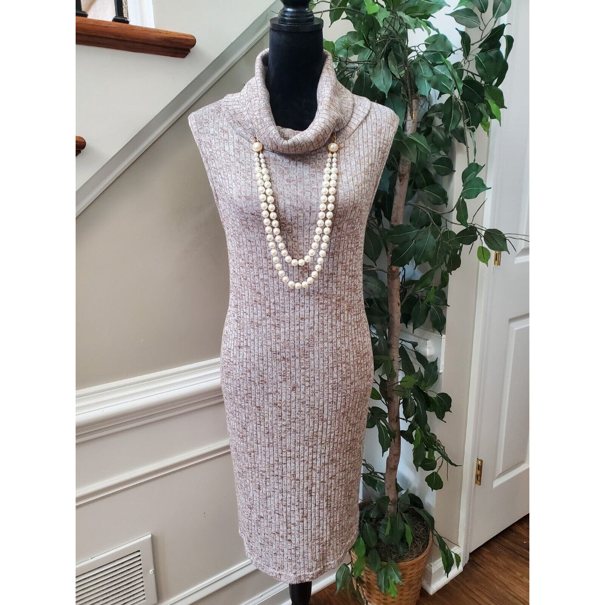 Jon & Anna Khaki Ribbed Cowl Neck Sleeveless Knee Length Hacci Dress Large