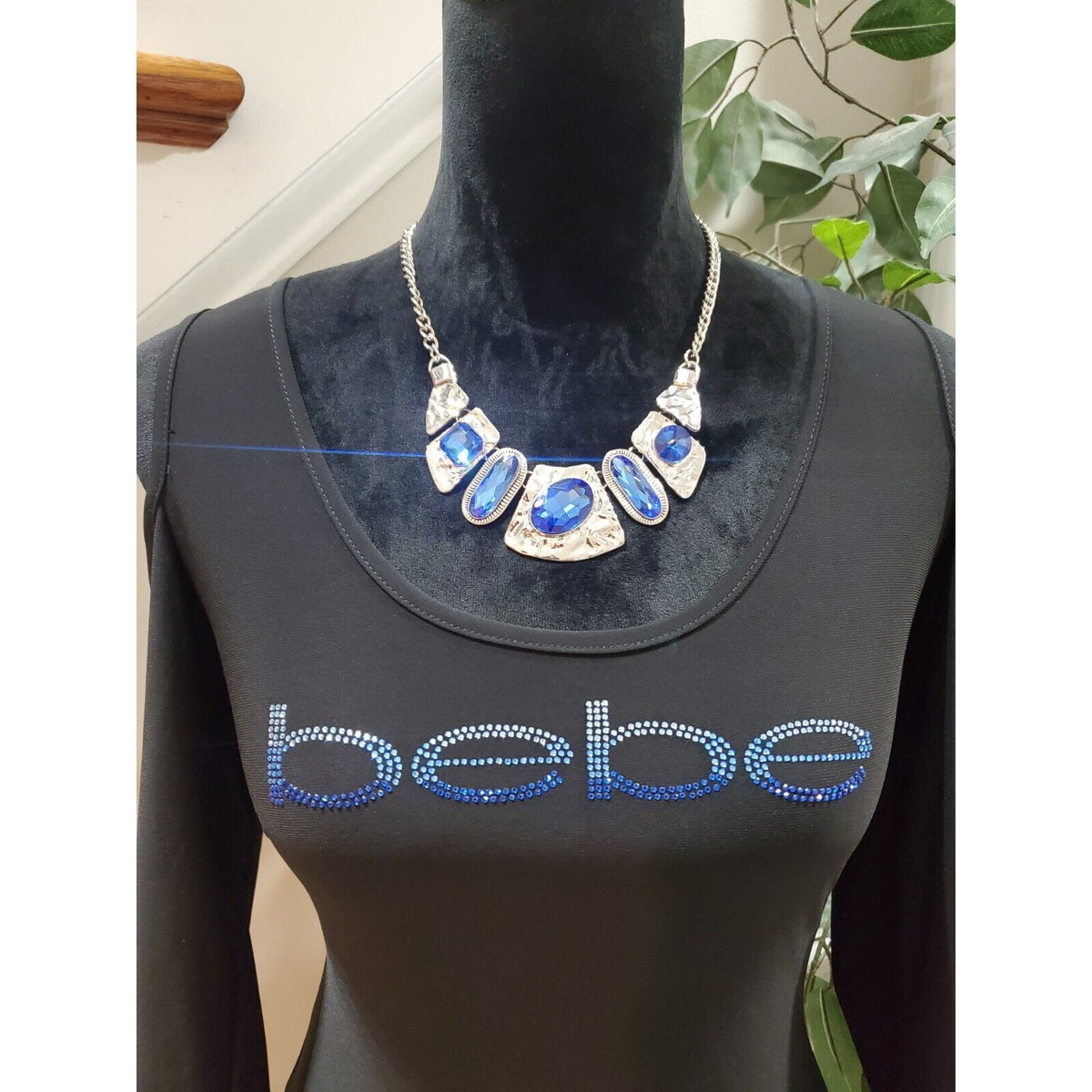 BEBE Women's Logo Blue Swarovski Black Knit Bodycon Dress Size XS