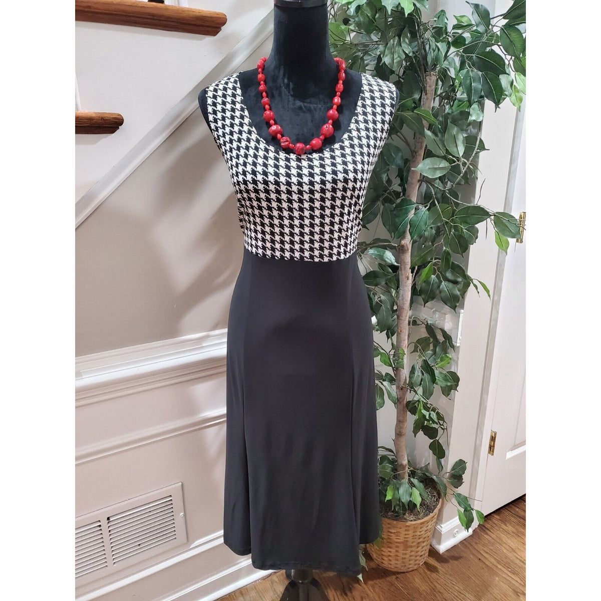 K Studio Black White Houndstooth Top Round Neck Sleeveless Knee Length Dress 12