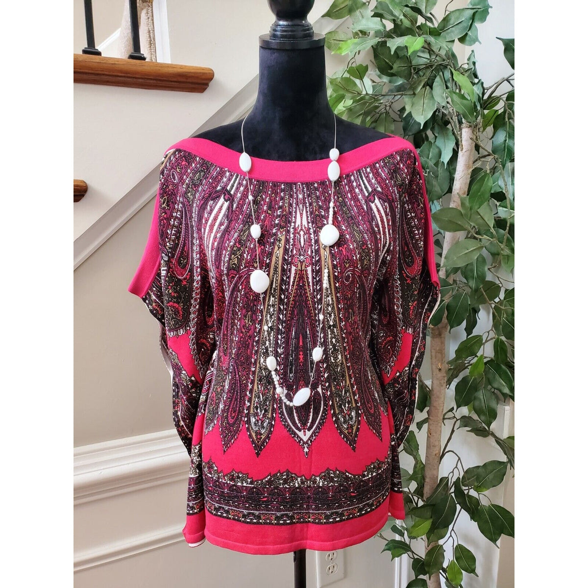 Cache Top Poncho Blouse Pink Paisley Knit Kimono Batwing Sleeves No Belt Size M