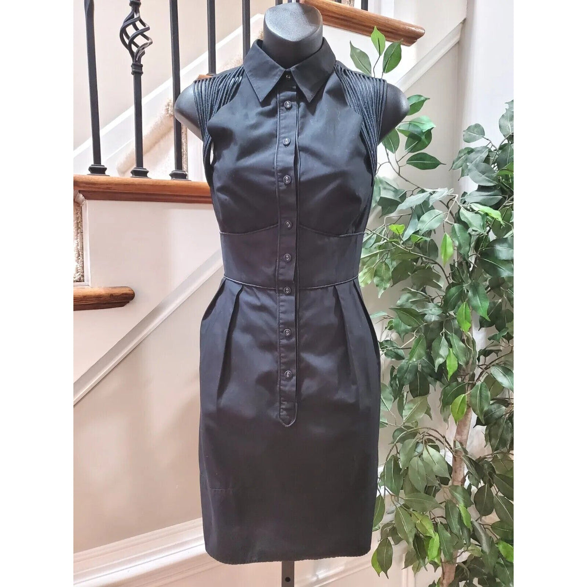 Nanette Lepore Women Black Solid Collared Sleeveless Casual Knee Length Dress 6