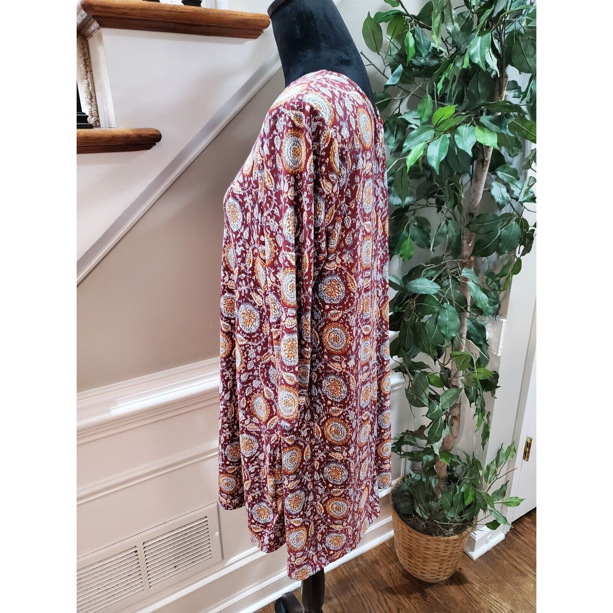 Three Pink Hearts Burgundy Key Hole Round Neck Long Sleeve Casual Top Blouse XL