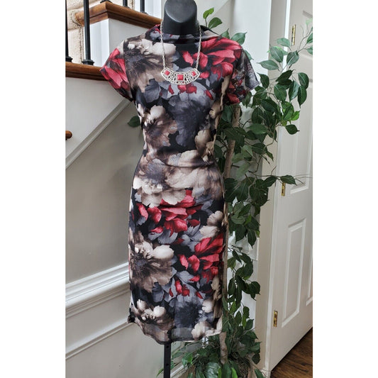 Fashion Nova Womens Multi Floral Short Sleeve Mock Neck Knee Length Dress Size L
