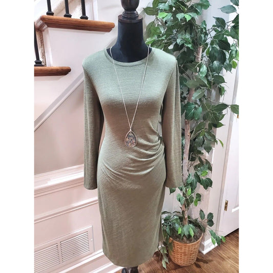 Banana Republic Women Green Polyester Round Neck Long Sleeve Knee Length Dress S