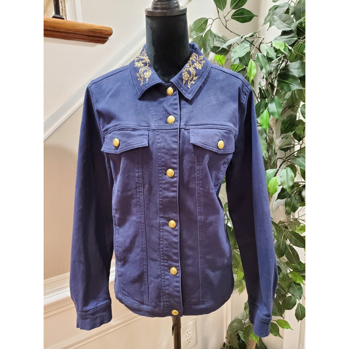 Denim & Company Women's Blue Cotton Buttons Front Long Sleeve Casual Jacket L