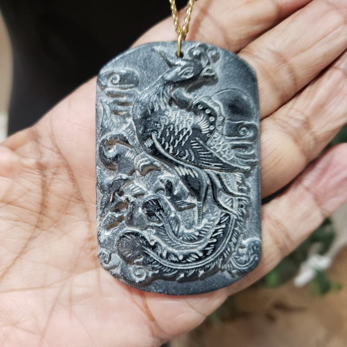 Charcoal Opsidium Phoenix Heavy Pewter Charm Pendant Gold Necklace
