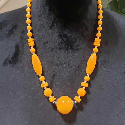 Women Silver Tone Beads, Round Orange Graduated Acrylic Bead Party Wear Necklac