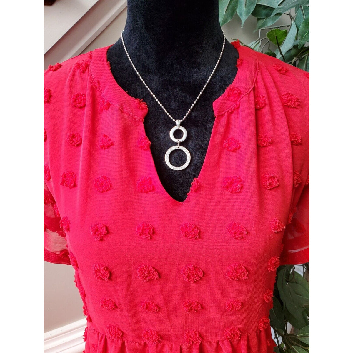 Miholl Red Pom Pom Babydoll Polyester V-Neck Short Sleeve Dress X-Large