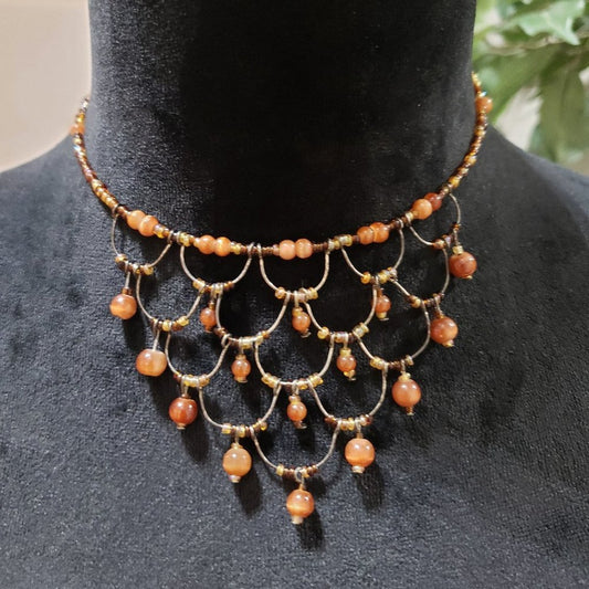 Womens Fashions Orange & Gold Glass Round Beaded Bib Necklace Jewellery