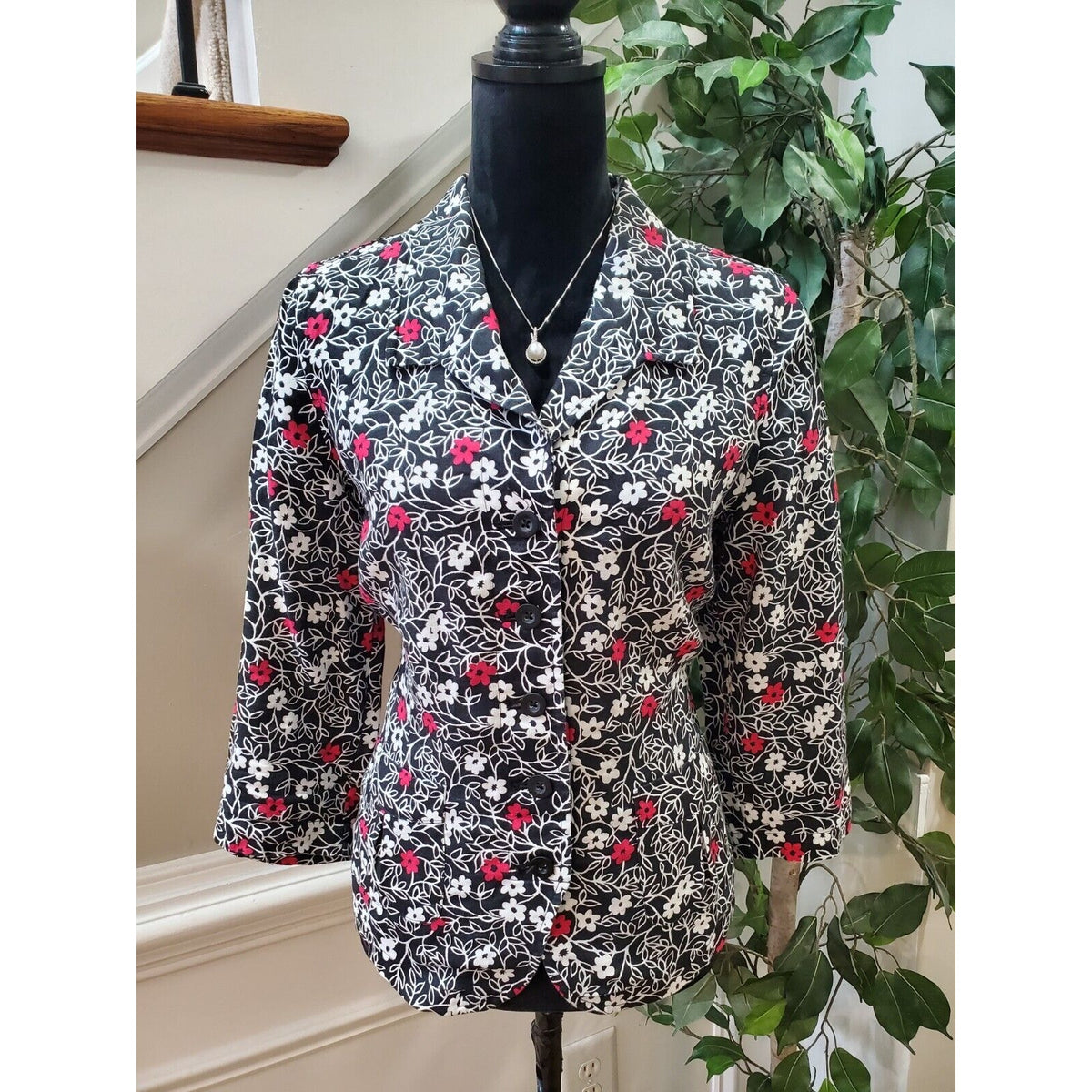 Kim Rogers Women's Black Floral Linen Collared Long Sleeve Button Down Shirt 12