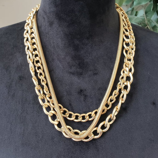 Womens Fashion Triple Layer Gold Tone Chain Collar Necklace with Lobster Clasp