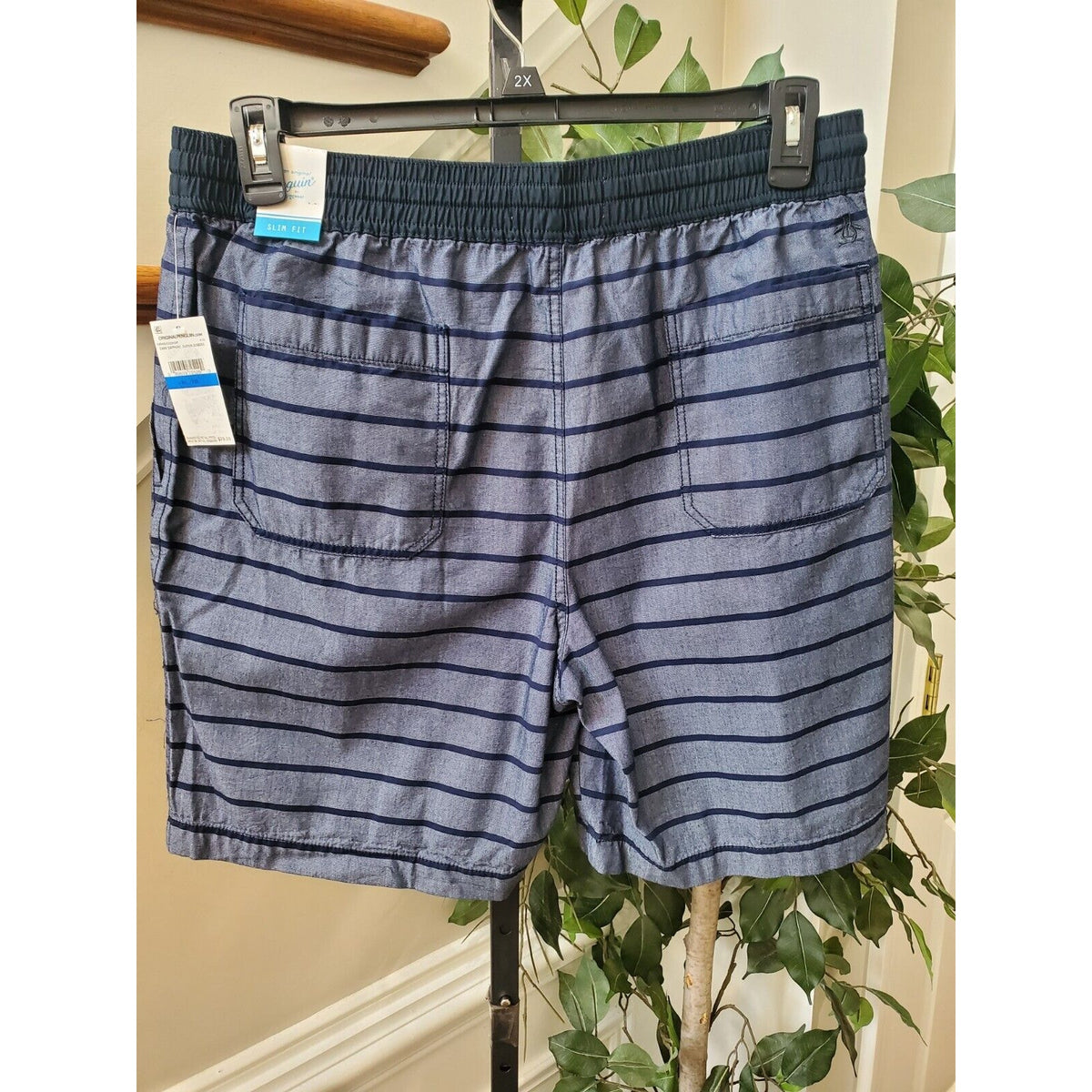 Original Penguin Dark Sapphire Striped Slim Fit Swim Trunk Print Shorts Size XL