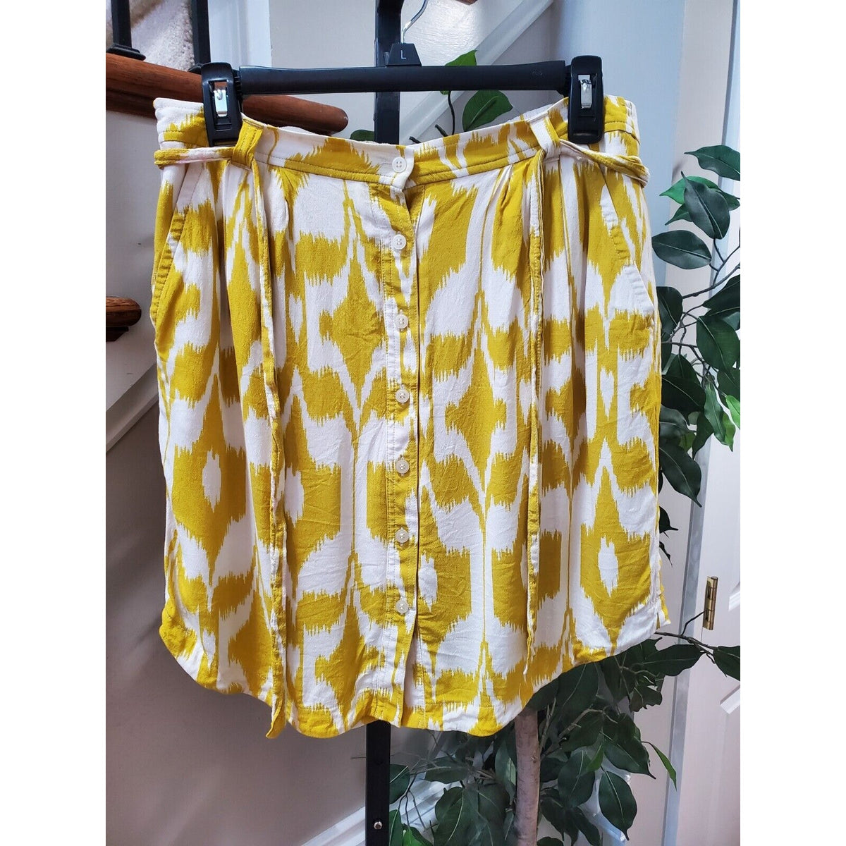 LOFT Women's Yellow White Button Down Fully Lined Pockets & Belt Loops Skirt M
