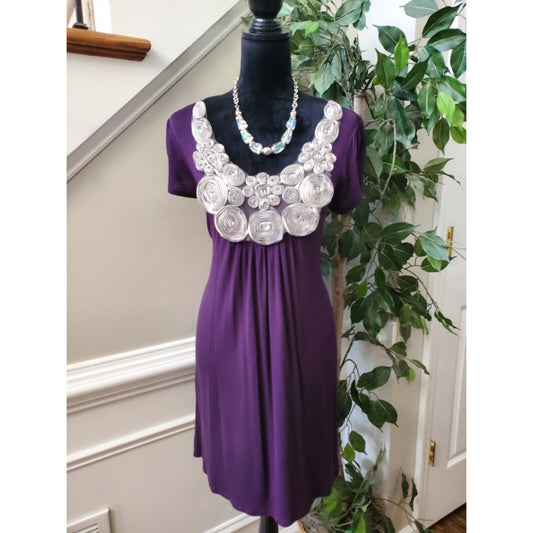 Pink Rose Women's Purple Rayon Scoop Neck Short Sleeve Knee Length Dress Large