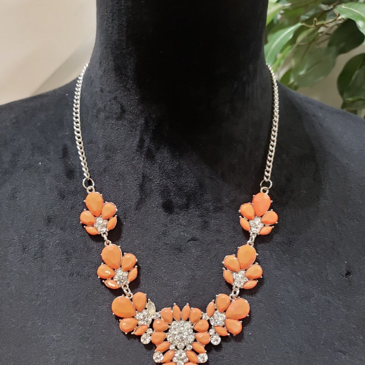 Coral Gem Stone Celluloid Flowers Clear Faceted Crystals Statement Necklace