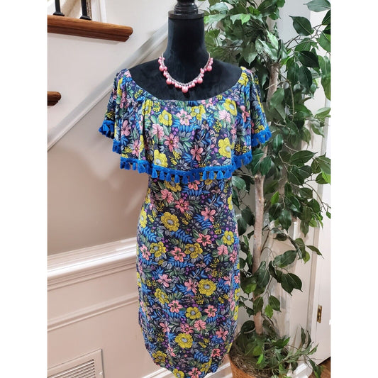 Westport Multicolor Floral Boho Sleeveless Rayon Dress With Tassels Size Large
