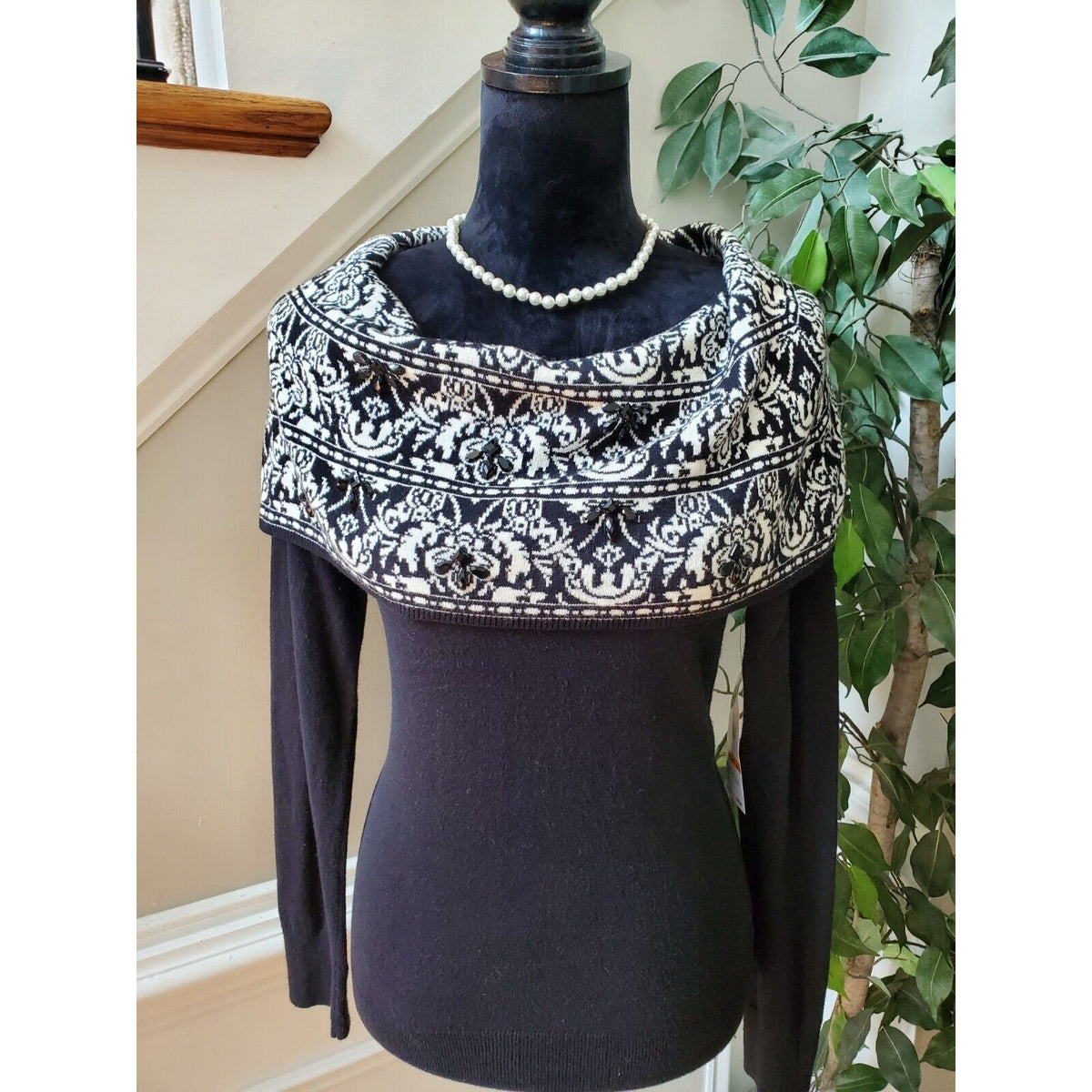 Jones New York Women Black Cotton Cowl Neck Long Sleeve Pullover Sweater Large