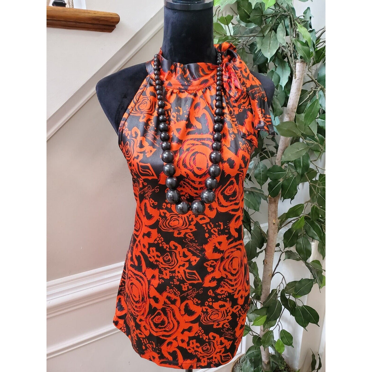 Soutlpole Collection Women's Black Floral Halter Neck Sleeveless Top Blouse XL