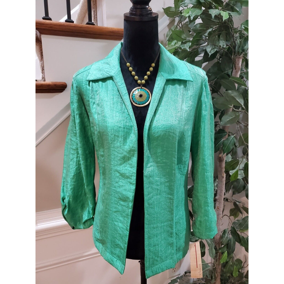 Choices Women's Green Rayon Open Front Long Sleeve Blazer Jacket Size Large