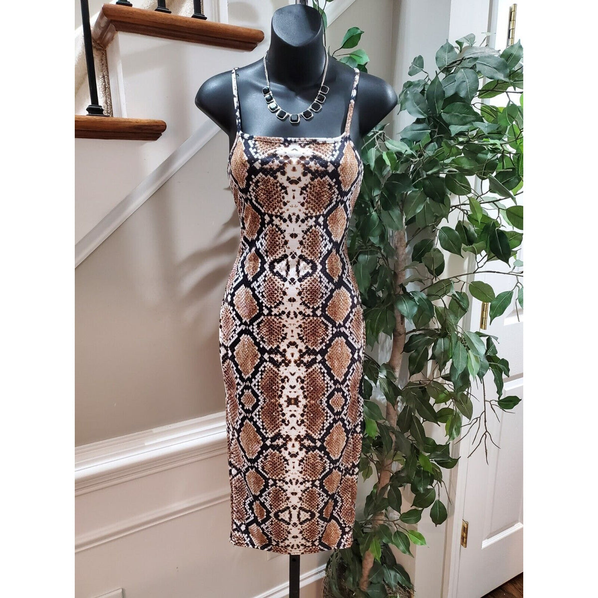 Pretty Little Thing Beige Snake Skin Square Neck Sleeveless Strappy Midi Dress 4