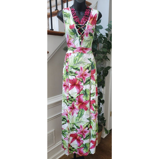IRIS Women's White Floral Polyester V-Neck Sleeveless Casual Long Maxi Dress L