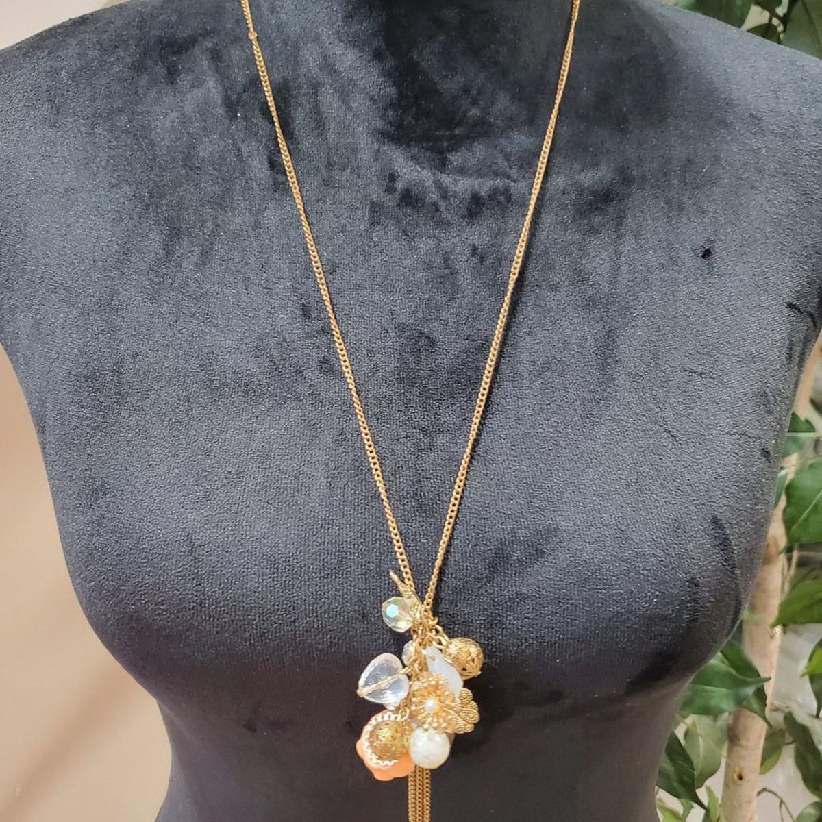 Women's Yellow Gold Round Beaded Flower Long Pendant Necklace