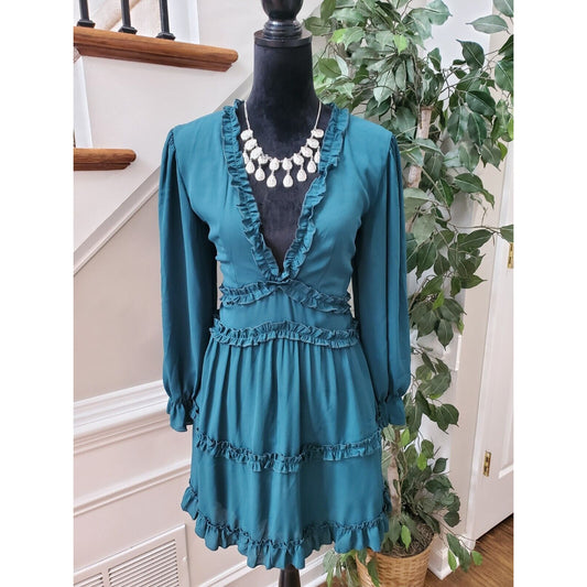 Women's Teal Polyester Boho Long Sleeve Ruffle Knee Length Dress Size Small