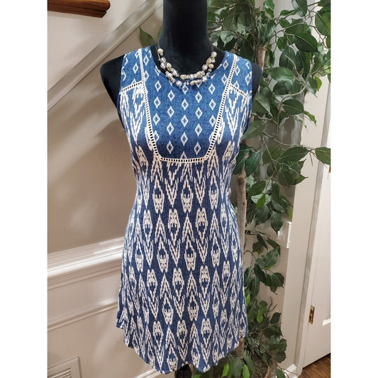 Monteau Women's Blue White Sleeveless Round Neck Casual Knee Length Dress Size S