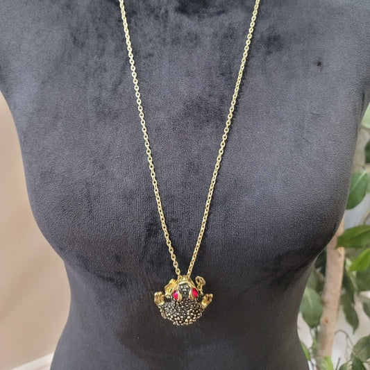 Cute Gold Tone Frog with Red Rhinestones Unique design Pendant Necklace