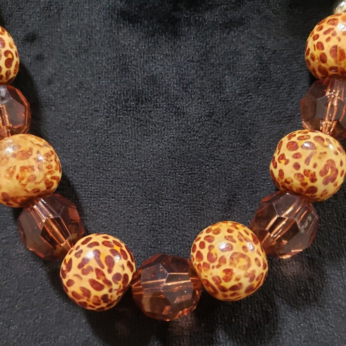 Womens Fashion Brown Clear Crystals, Wooden Beads, Leopard Print Beads Necklace