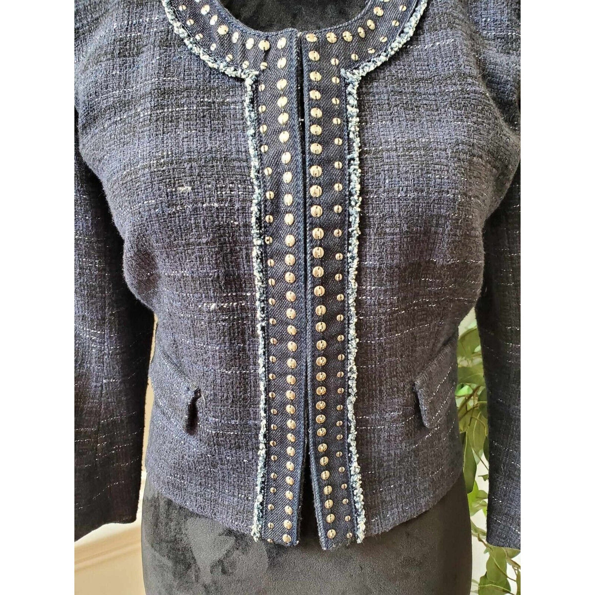 Ann Taylor Loft Women's Blue Cotton Long Sleeve Casual Crome Studded Blazer 4
