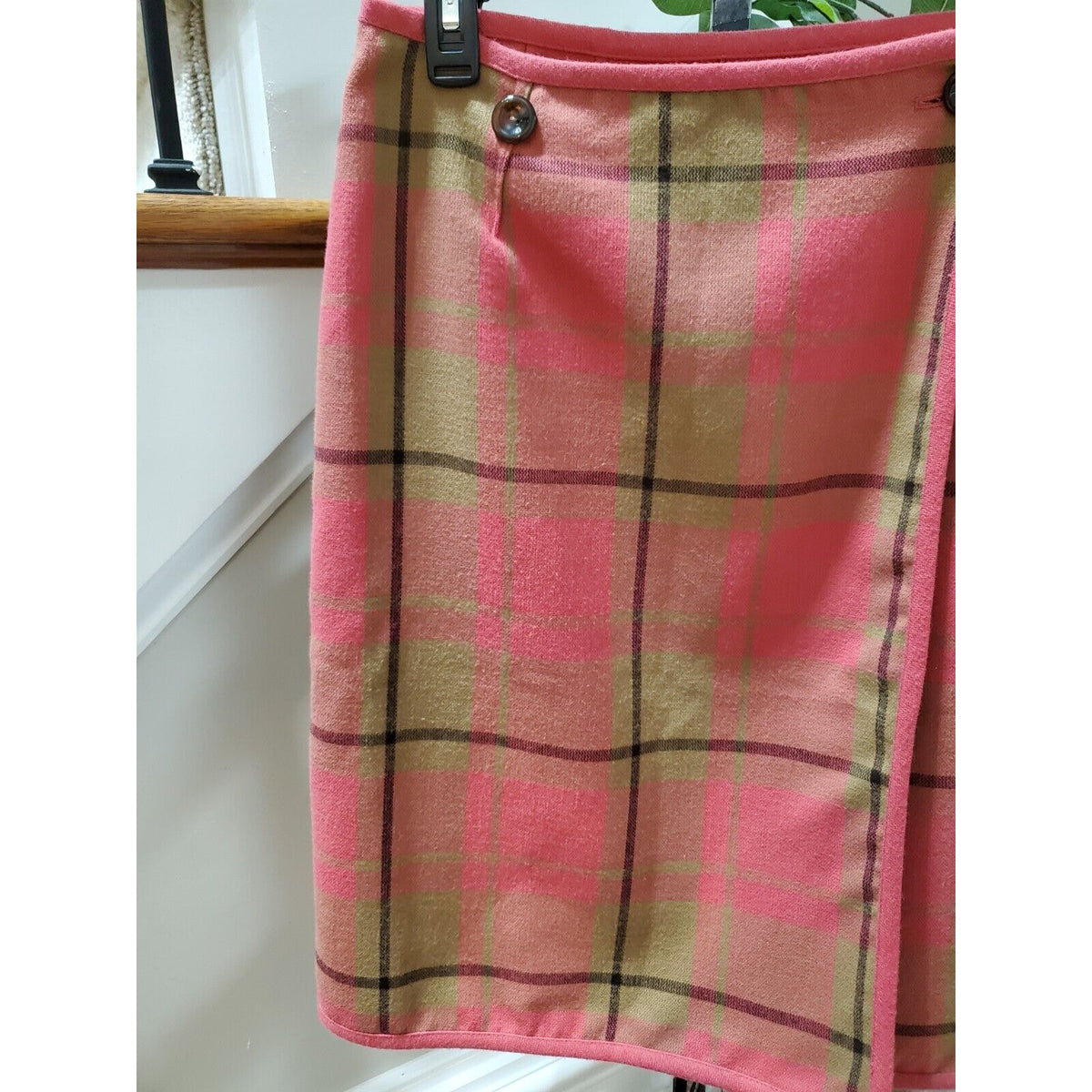 Evan Picone Vintage Pink Plaid Polyester Blend Casual Button Front Skirt Size 12