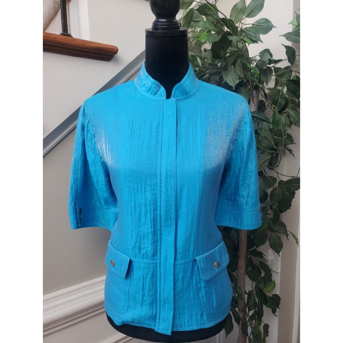 Ruby Rd. Women's Blue Solid Rayon 3/4 Sleeve Full Zipper Blazer Jacket Size 10