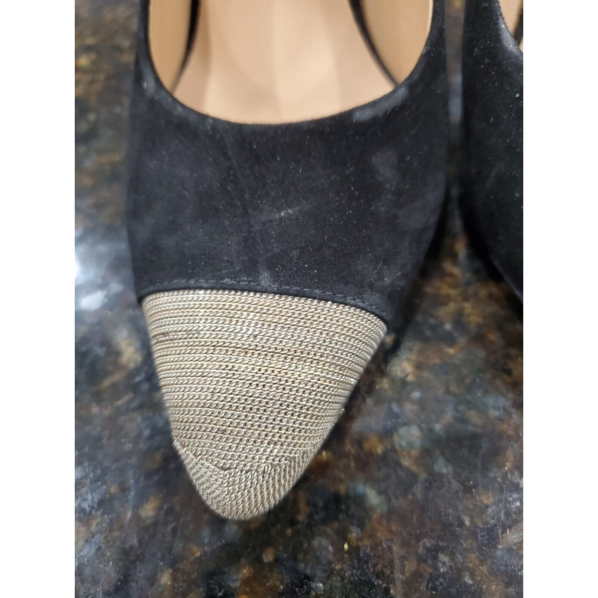 Salvatore Ferragamo Women's Black & Gold Toe More Suede Chain Cap-Toe Pumps 10