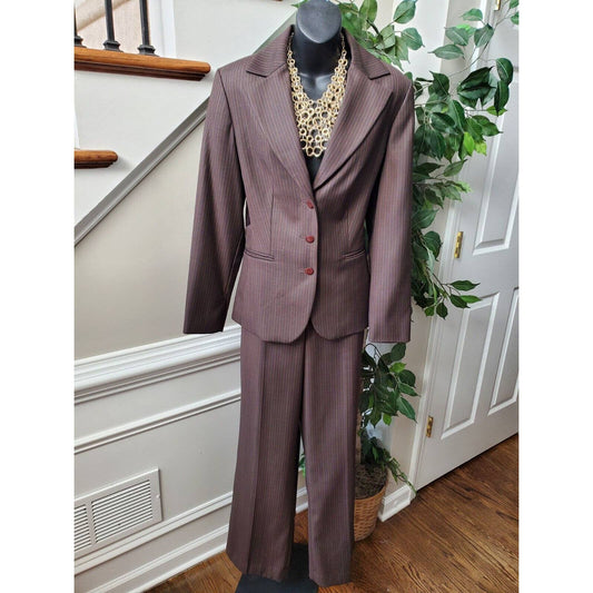 Allen Women's Brown Polyester Single Breasted Blazer & Pant 2 Piece Suit Size 12