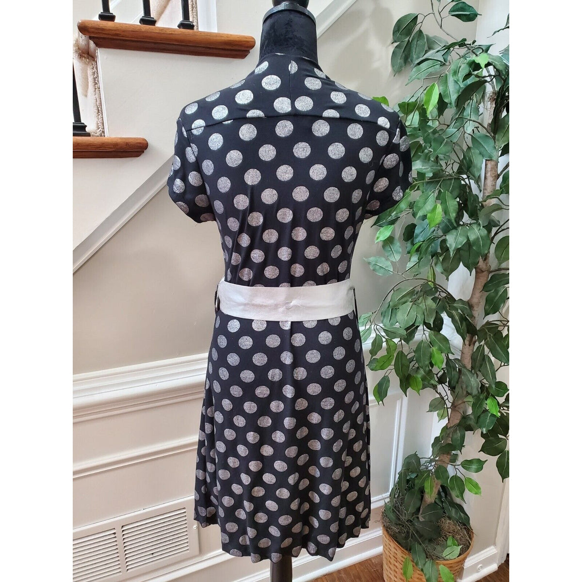 Voice Women Black Polyester Square Neck Short Sleeve Casual Knee Length Dress S