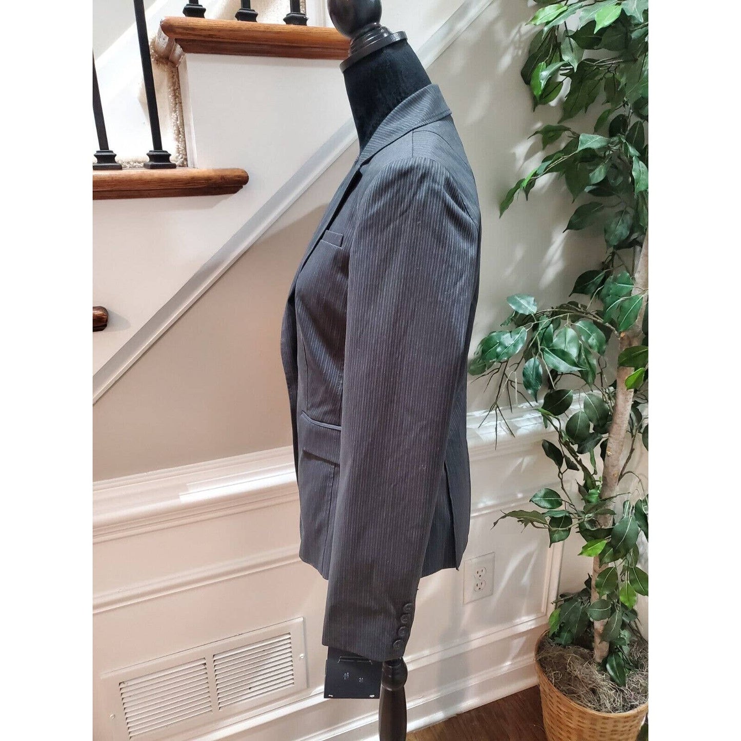 Banana Republic Women Gray Striped Cotton Long Sleeve Single Breasted Blazer 8