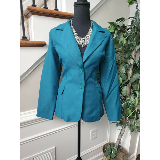 JC Penney Women's Blue 100% Polyester Button Long Sleeve Vintage Blazer Coat 14