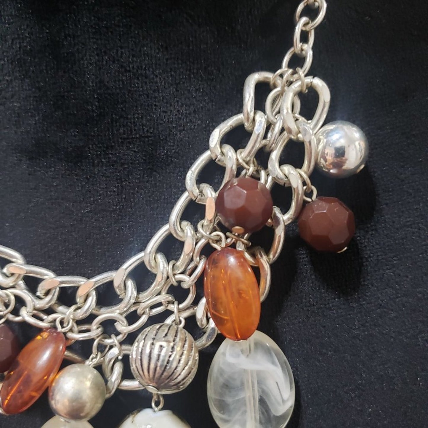 Womens Fashion Silver Tone Clear Glass Brown Polished Stone Beaded Bib Necklace