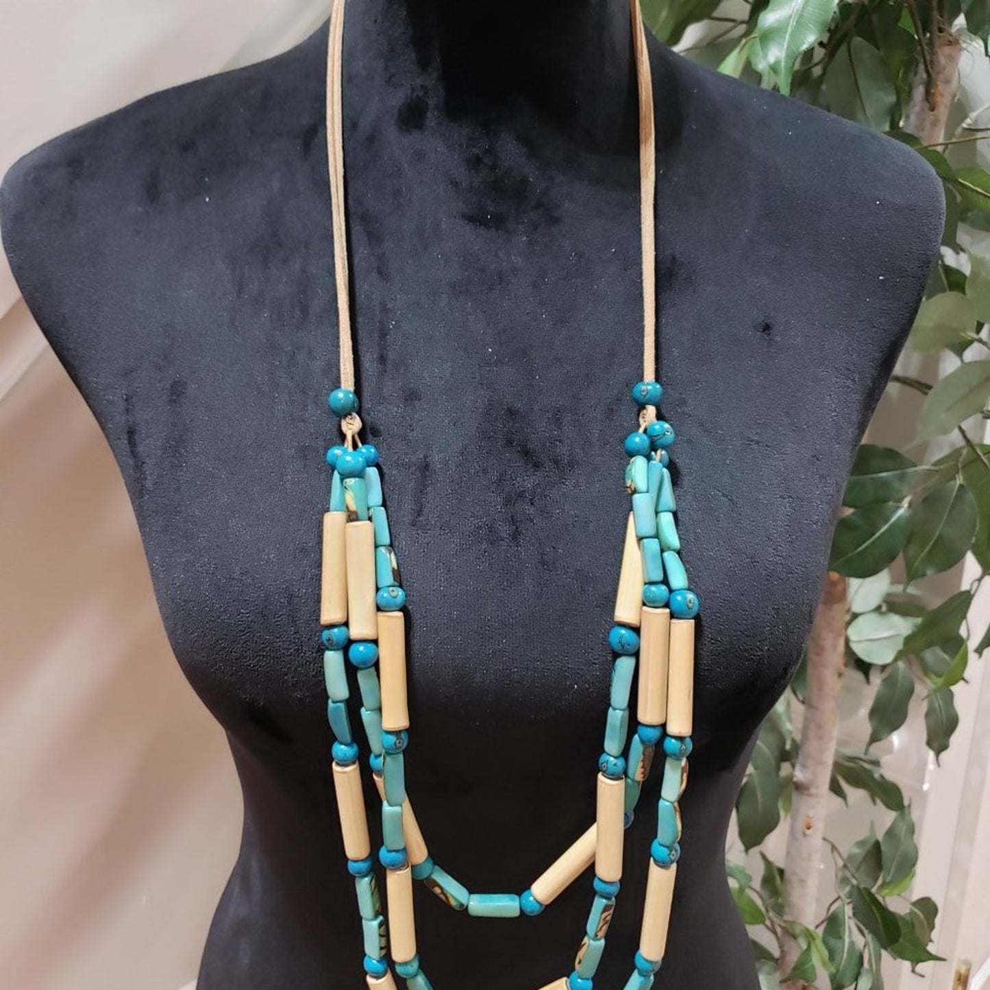 Womens Fashion Triple Strand Artificial Blue & Beige Tibetan Beaded Necklace