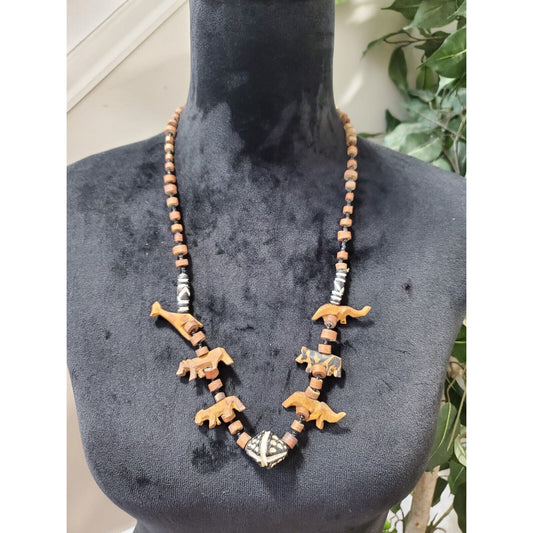 Vintage Wood Beaded Boho Necklace Tribal Animals Leopard Giraffe Tiger Lion