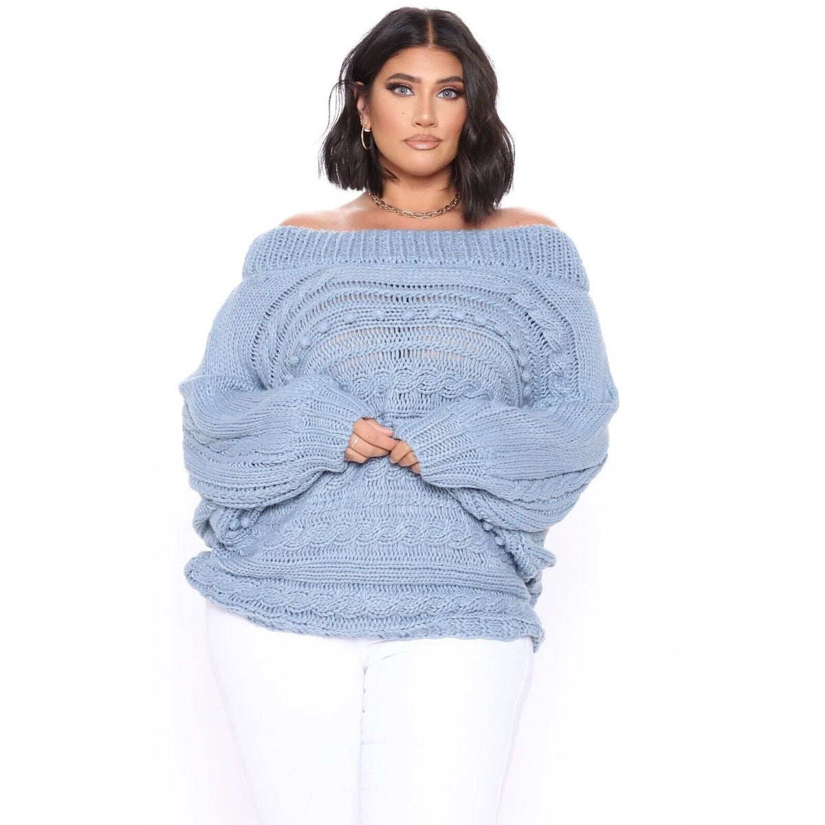 Fashion Nova Hoping For Love Blue Off Shoulder Cable Knit Sweater 2XL
