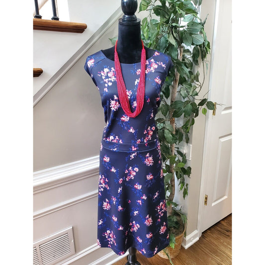 Roz & Ali Women Blue Floral Polyester Round Neck Sleeveless Knee Length Dress 22