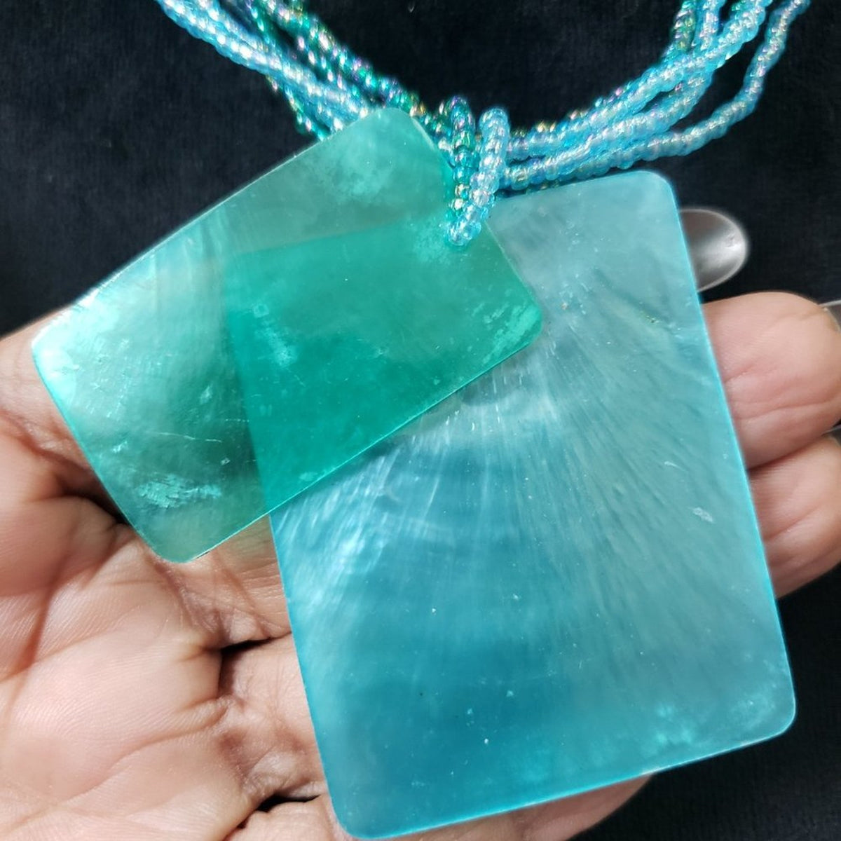 Womens Beaded Green Acrylic Rectangular Shape Pendant Necklace with Lobster