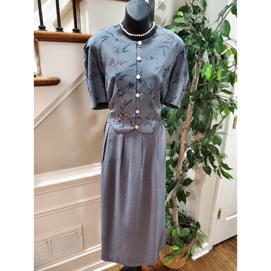 Miss Dorby Women Gray Floral Polyester Round Neck 3/4 Sleeve Knee Length Dress