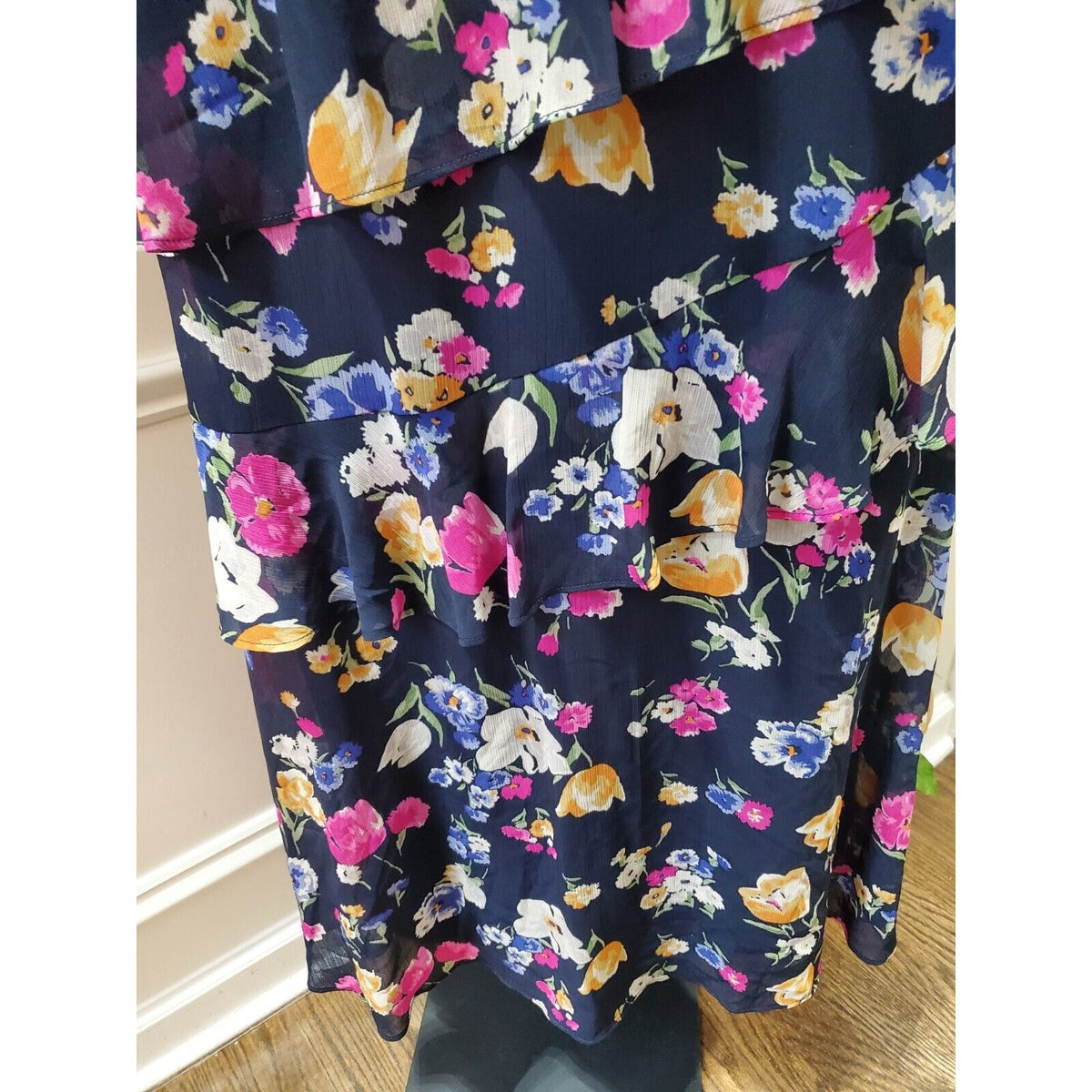 Ralph Lauren Navy Zipper Beaded Lined Darted Tiered Ruffled Floral Maxi Dress 10